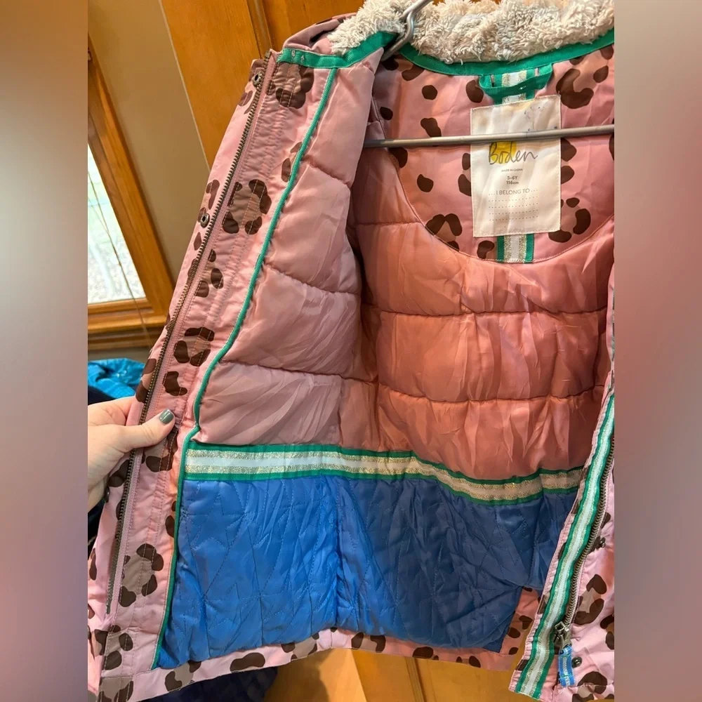 Mini Boden Pink Animal Print Waterproof Parka Size 5-6y